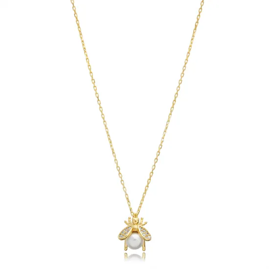 Bee Design Cute Pearl Charm Necklace 925 Silver Jewelry