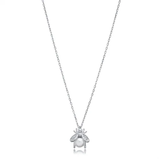 Bee Design Cute Pearl Charm Necklace 925 Silver Jewelry