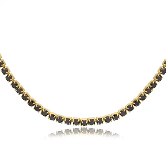 Black Zircon Stone Design Tennis Necklace Handmade Turkish 925 Sterling Silver Jewelry