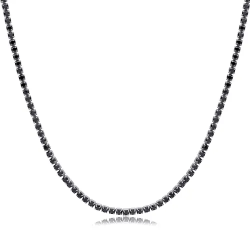 Black Zircon Stone Design Tennis Necklace Handmade Turkish 925 Sterling Silver Jewelry