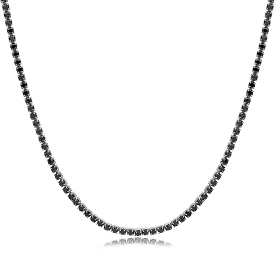 Black Zircon Stone Design Tennis Necklace Handmade Turkish 925 Sterling Silver Jewelry