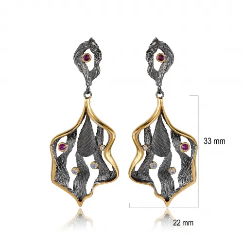 Artisan Oxidized Ruby Leaf 925 Vintage Earrings Artisan Oxidized Ruby Leaf 925 Vintage Earrings