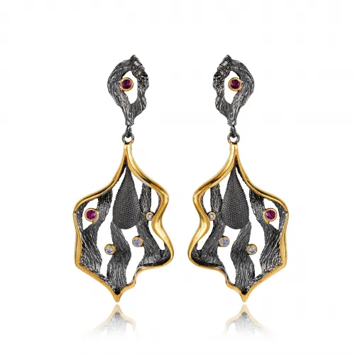 Artisan Oxidized Ruby Leaf 925 Vintage Earrings