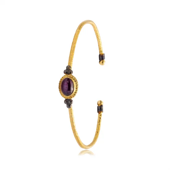 Amethyst Stone Oval 22K Gold Plated 925 Silver Vintage Bangle | 925 Sterling Silver Wholesale | Sade Silver Amethyst Stone Oval 22K Gold Plated 925 Silver Vintage Bangle - Sade 925 Silver Jewelry