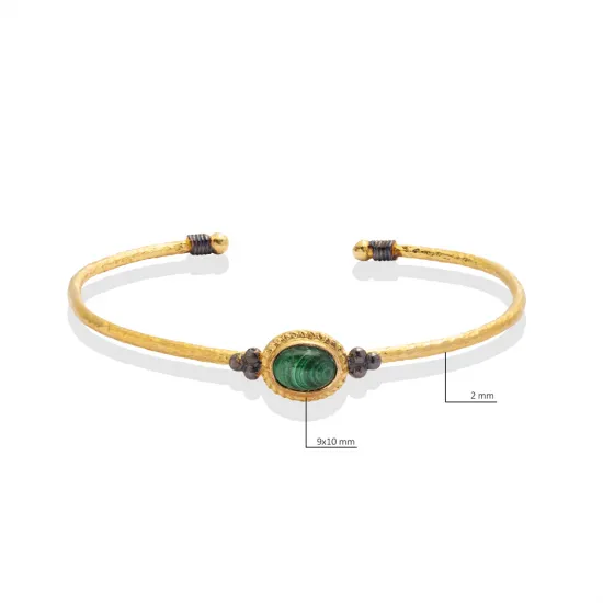 Malachite Stone Oval 22K Gold Plated 925 Silver Vintage Bangle | 925 Sterling Silver Wholesale | Sade Silver Malachite Stone Oval 22K Gold Plated 925 Silver Vintage Bangle - Sade 925 Silver Jewelry