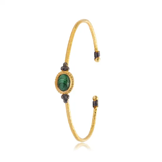 Malachite Stone Oval 22K Gold Plated 925 Silver Vintage Bangle | 925 Sterling Silver Wholesale | Sade Silver Malachite Stone Oval 22K Gold Plated 925 Silver Vintage Bangle - Sade 925 Silver Jewelry