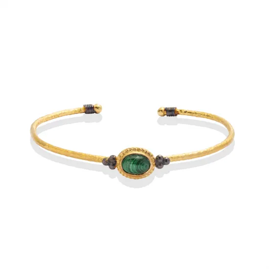 Malachite Stone Oval 22K Gold Plated 925 Silver Vintage Bangle | 925 Sterling Silver Wholesale | Sade Silver Malachite Stone Oval 22K Gold Plated 925 Silver Vintage Bangle - Sade 925 Silver Jewelry