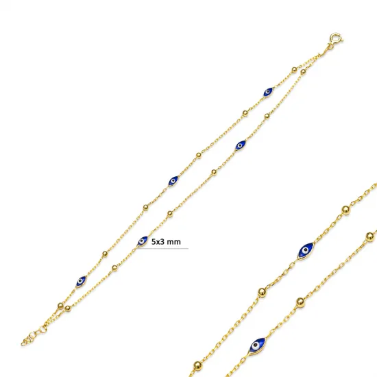 Blue Oval Evil Eye Double Chain 925 Bracelet | 925 Sterling Silver Wholesale | Sade Silver Blue Oval Evil Eye Double Chain 925 Bracelet - Sade 925 Silver Jewelry