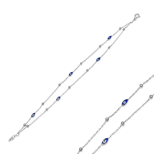 Blue Oval Evil Eye Double Chain 925 Bracelet