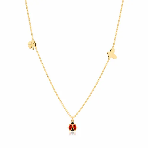 Ladybug with Plain Clover and Butterfly Silver Necklace